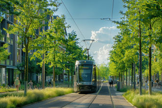 Tramway circulant silencieusement entre des immeubles urbains modernes