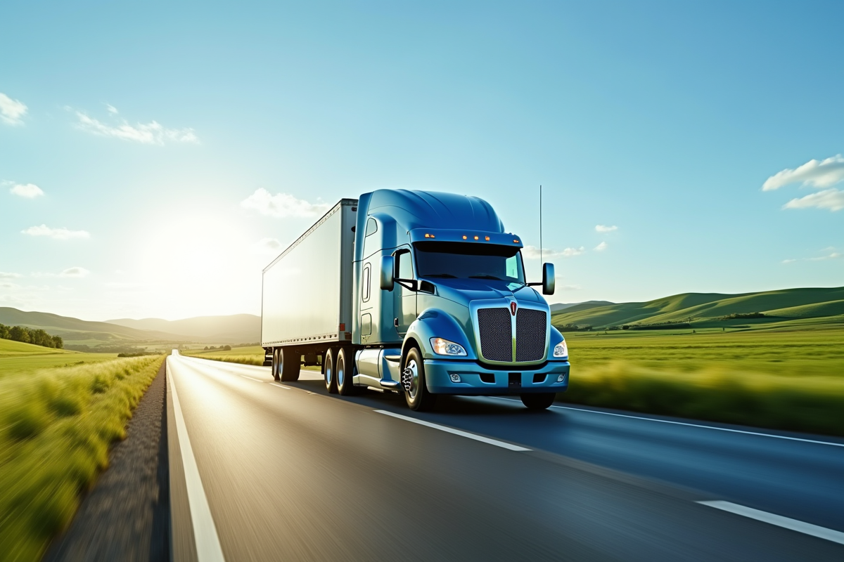 Camion moderne 32 tonnes roulant dans la campagne verte ensoleillée