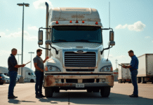Camion utilitaire d'occasion stationne sur le lot avec inspecteurs