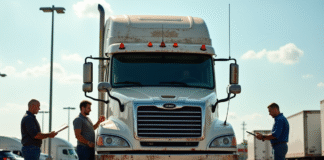 Camion utilitaire d'occasion stationne sur le lot avec inspecteurs