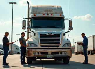 Camion utilitaire d'occasion stationne sur le lot avec inspecteurs