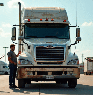 Camion utilitaire d'occasion stationne sur le lot avec inspecteurs