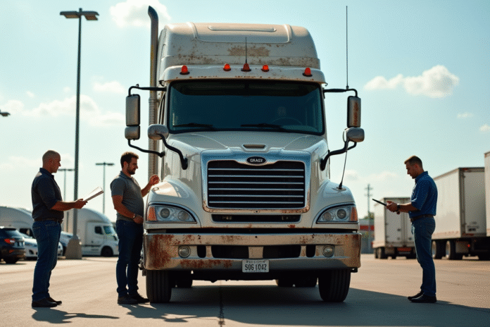 Camion utilitaire d'occasion stationne sur le lot avec inspecteurs