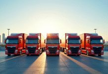 Ligne de cinq camions 32 tonnes colorés dans un parking industriel
