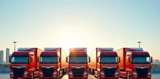 Ligne de cinq camions 32 tonnes colorés dans un parking industriel