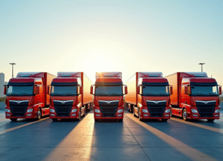 Ligne de cinq camions 32 tonnes colorés dans un parking industriel