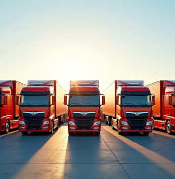 Ligne de cinq camions 32 tonnes colorés dans un parking industriel