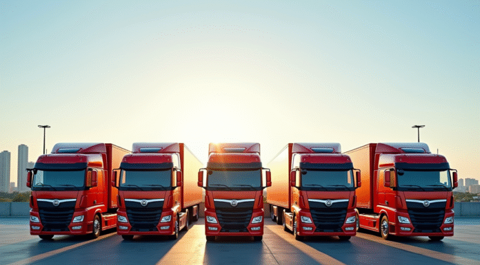 Ligne de cinq camions 32 tonnes colorés dans un parking industriel