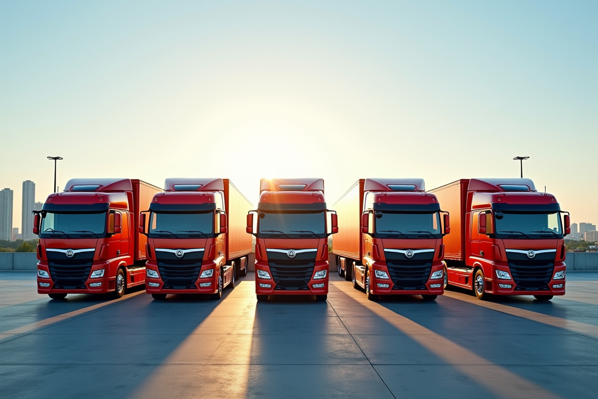 Ligne de cinq camions 32 tonnes colorés dans un parking industriel