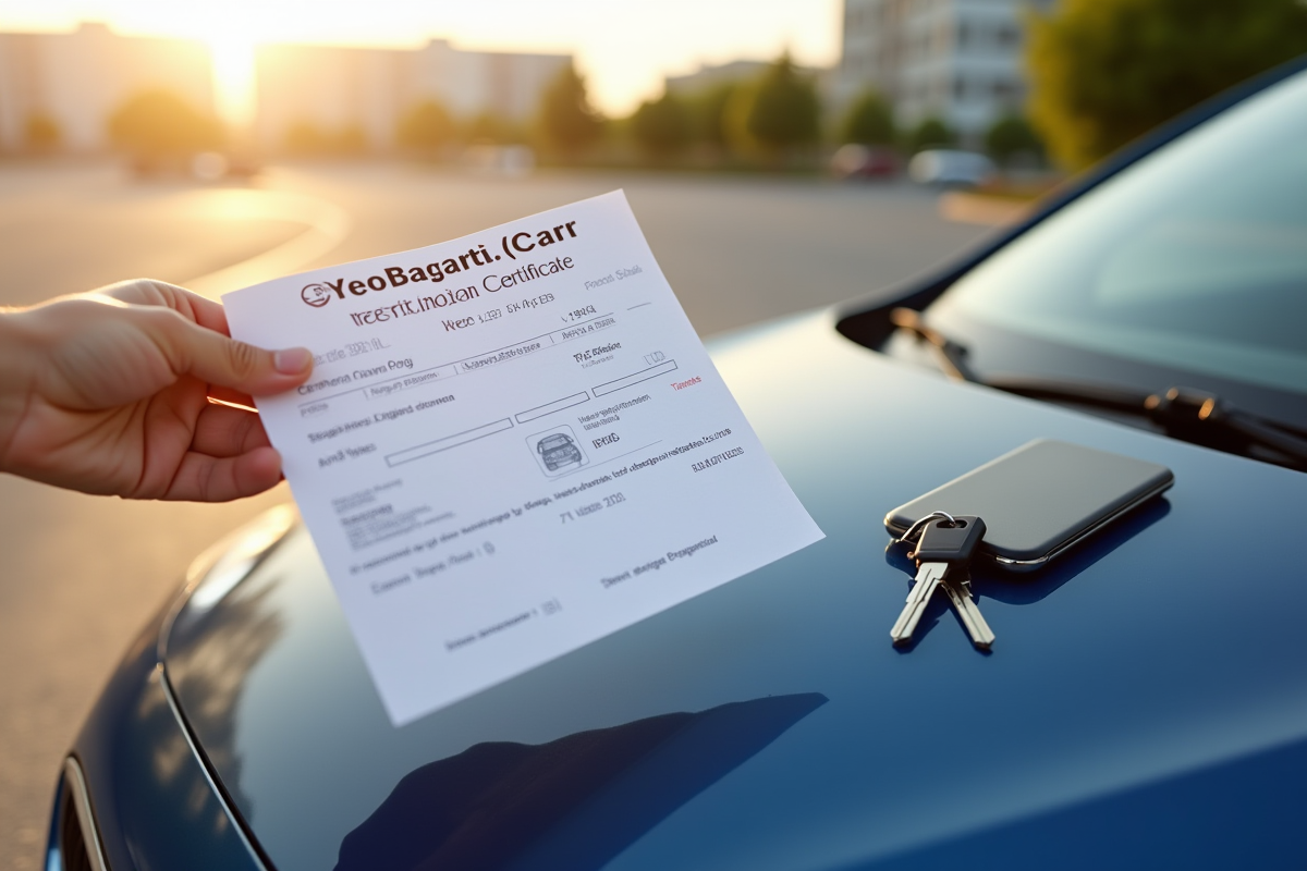 Main tenant un certificat voiture avec voiture et clés dehors
