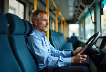 Conduire un bus sans FIMO : est-ce permis et quelles sont les conséquences ? Conducteur de bus urbain homme pensif dans la cabine