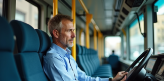 Conduire un bus sans FIMO : est-ce permis et quelles sont les conséquences ? Conducteur de bus urbain homme pensif dans la cabine