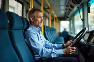 Conducteur de bus urbain homme pensif dans la cabine