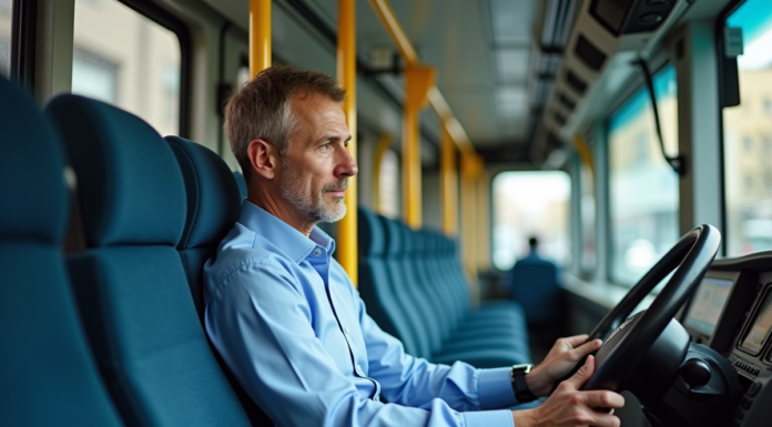 Conduire un bus sans FIMO : est-ce permis et quelles sont les conséquences ? Conducteur de bus urbain homme pensif dans la cabine