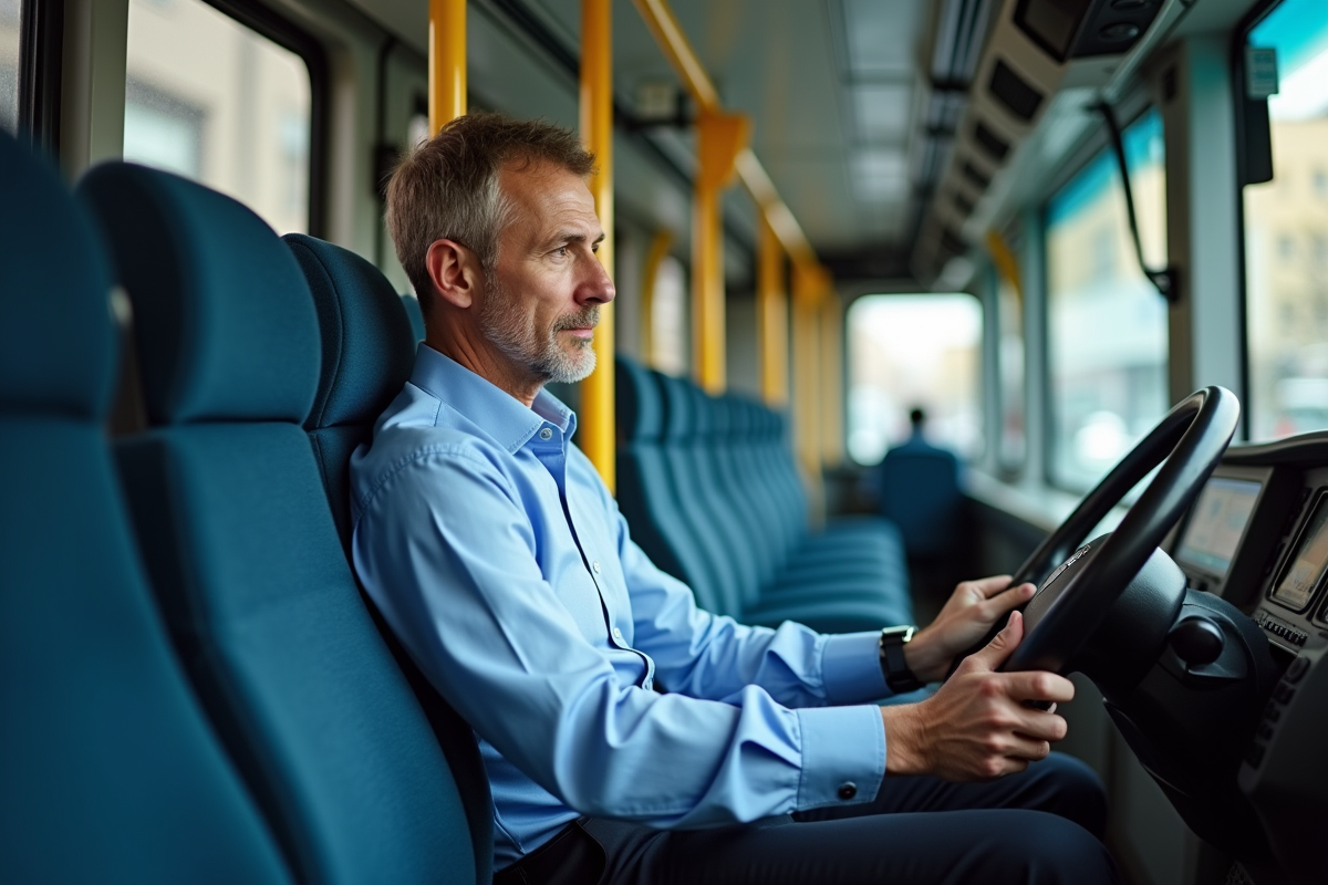 Conducteur de bus urbain homme pensif dans la cabine