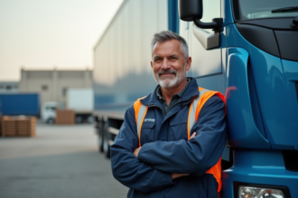 Conducteur de camion européen devant un camion de fret