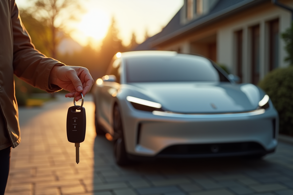 Personne tenant clés devant voiture électrique au matin