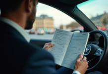 Conducteur français dans une voiture moderne avec permis de voyage