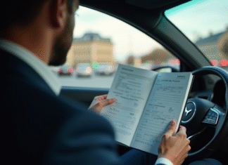 Conducteur français dans une voiture moderne avec permis de voyage