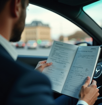 Conducteur français dans une voiture moderne avec permis de voyage