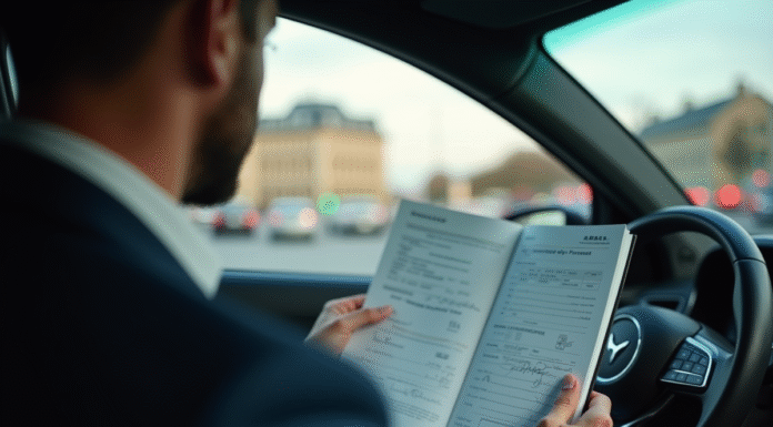 Conducteur français dans une voiture moderne avec permis de voyage