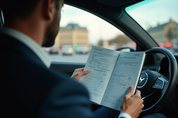 conducteur-voiture-permis-francais Conducteur français dans une voiture moderne avec permis de voyage