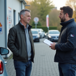 Contrôle pollution voiture: Où et comment le faire ? Homme d'âge moyen discutant avec un technicien automobile à un centre de contrôle