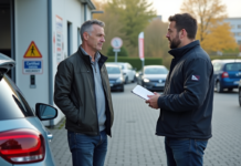 Contrôle pollution voiture: Où et comment le faire ? Homme d'âge moyen discutant avec un technicien automobile à un centre de contrôle