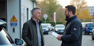 Contrôle pollution voiture: Où et comment le faire ? Homme d'âge moyen discutant avec un technicien automobile à un centre de contrôle