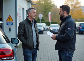 Contrôle pollution voiture: Où et comment le faire ? Homme d'âge moyen discutant avec un technicien automobile à un centre de contrôle