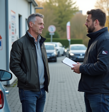 Contrôle pollution voiture: Où et comment le faire ? Homme d'âge moyen discutant avec un technicien automobile à un centre de contrôle