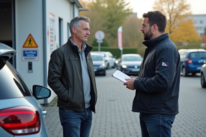 Homme d'âge moyen discutant avec un technicien automobile à un centre de contrôle