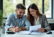 Couple souriant examinant des documents de location voiture