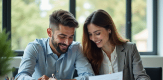 Couple souriant examinant des documents de location voiture