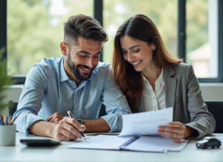Couple souriant examinant des documents de location voiture