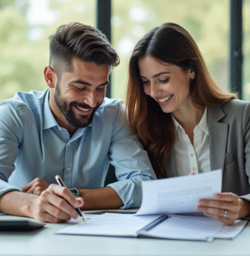 Couple souriant examinant des documents de location voiture