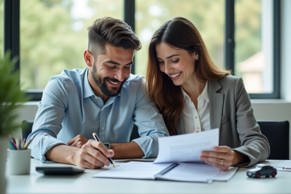 Couple souriant examinant des documents de location voiture