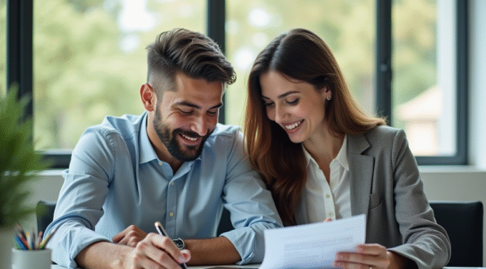 Couple souriant examinant des documents de location voiture