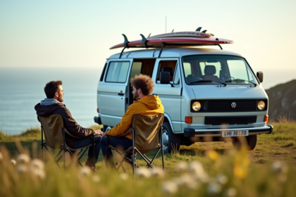 Couple souriant près d un van aménagé en Bretagne