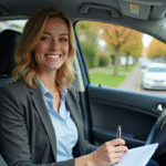 Femme souriante tenant documents d'assurance auto dans sa voiture