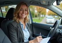Femme souriante tenant documents d'assurance auto dans sa voiture