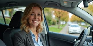 Femme souriante tenant documents d'assurance auto dans sa voiture