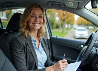 Femme souriante tenant documents d'assurance auto dans sa voiture