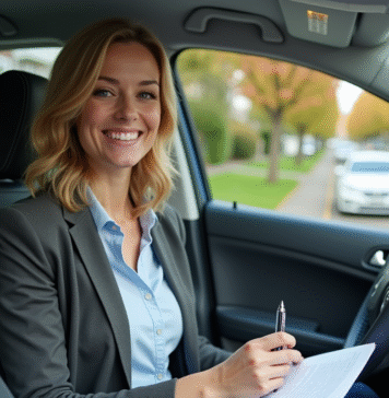 Femme souriante tenant documents d'assurance auto dans sa voiture