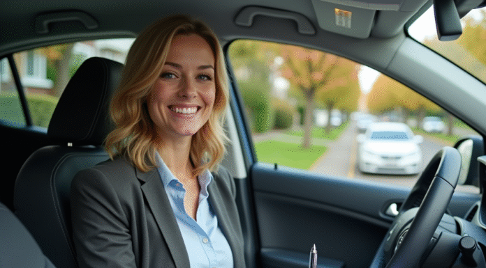 Femme souriante tenant documents d'assurance auto dans sa voiture