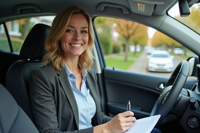 Femme souriante tenant documents d'assurance auto dans sa voiture