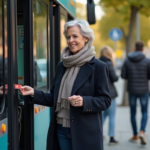 Transport périurbain en France : Avantages, fonctionnement et services proposés Femme d'âge moyen montant dans un bus régional avec carte contactless