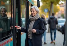 Transport périurbain en France : Avantages, fonctionnement et services proposés Femme d'âge moyen montant dans un bus régional avec carte contactless