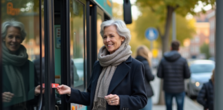 Transport périurbain en France : Avantages, fonctionnement et services proposés Femme d'âge moyen montant dans un bus régional avec carte contactless
