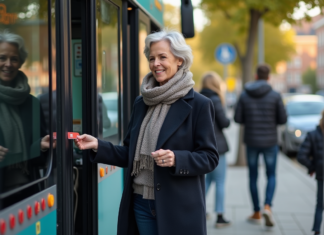 Transport périurbain en France : Avantages, fonctionnement et services proposés Femme d'âge moyen montant dans un bus régional avec carte contactless